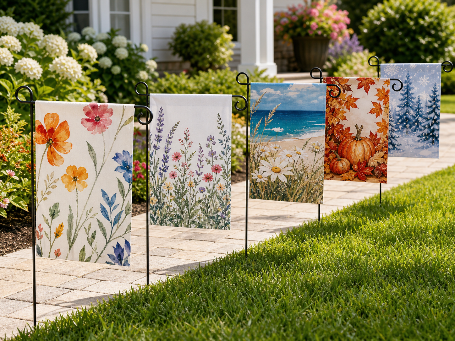 Decorative garden flags displayed outdoors