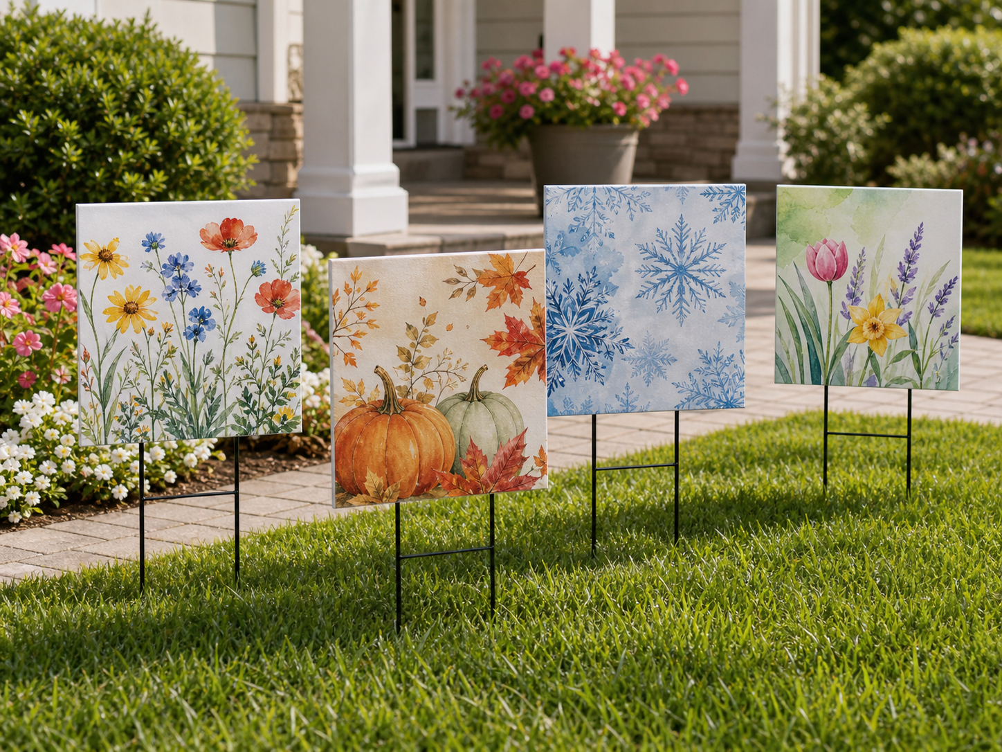 Decorative yard signs displayed outdoors